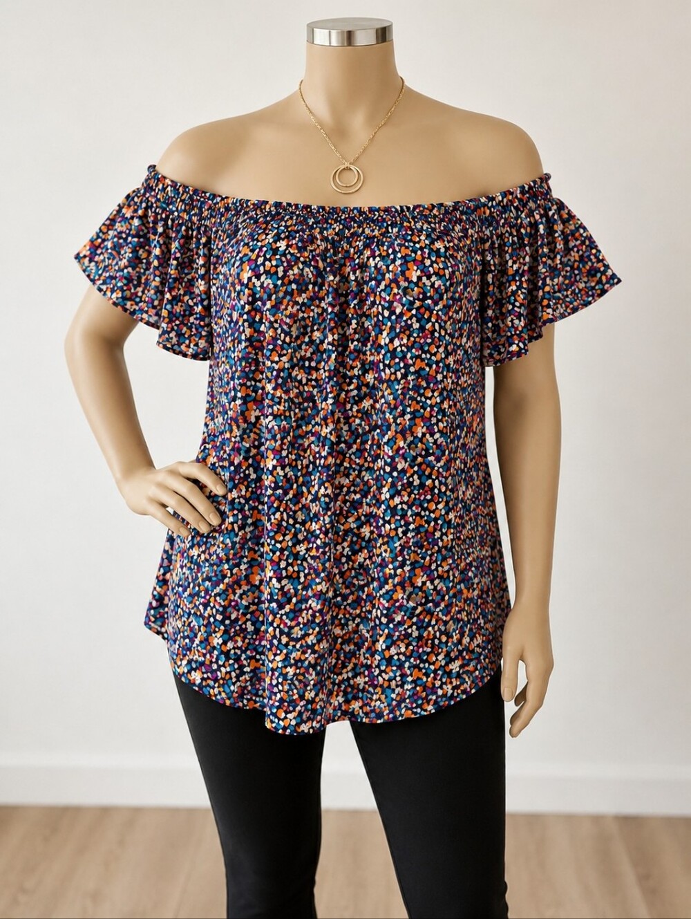 Women’s Navy Floral Scoop-Neck Flutter Sleeve Top Off Shoulder Plus Size